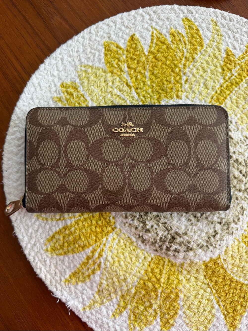 Coach Brown and Black Signature Canvas Zip Around Wallet with Gold Logo